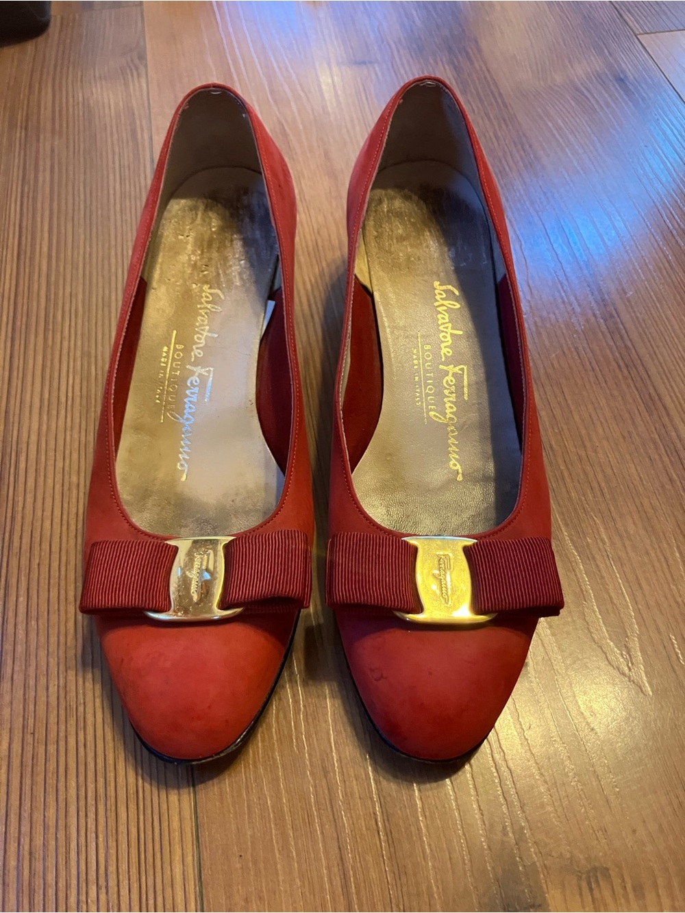 Salvatore Ferragamo Red Suede Vara Bow Pumps with Gold Plate